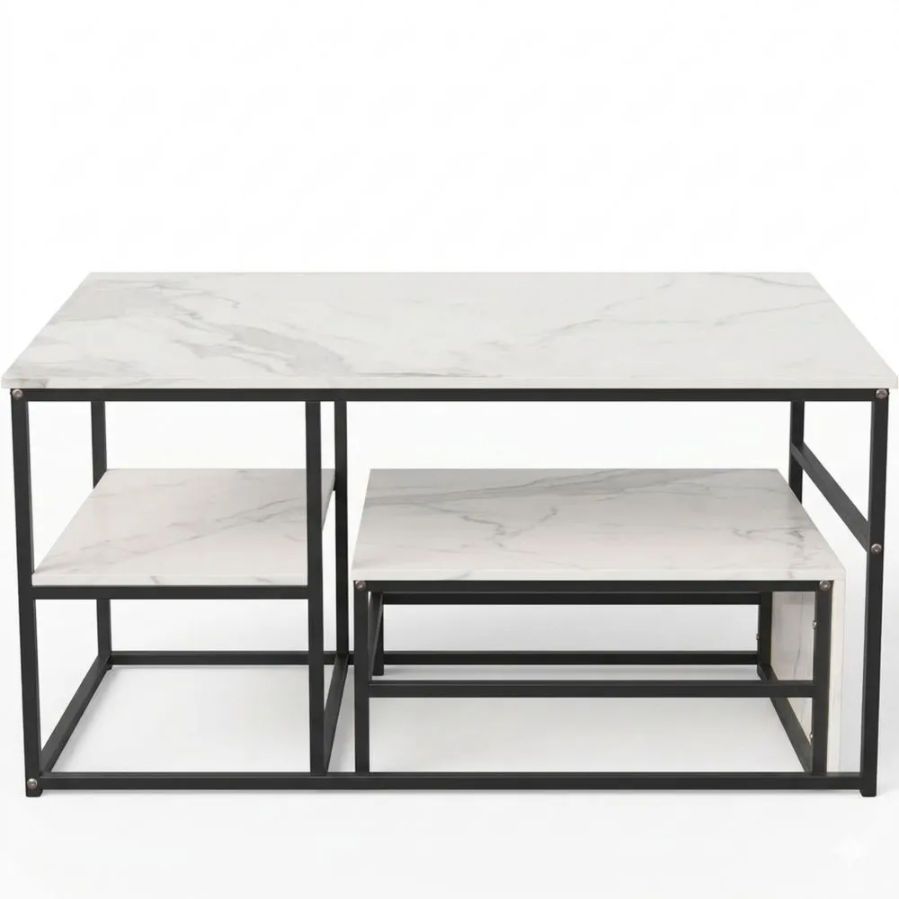 Moderner Couchtisch Set mit Marmoreffekt und Metallgestell-Glowtran