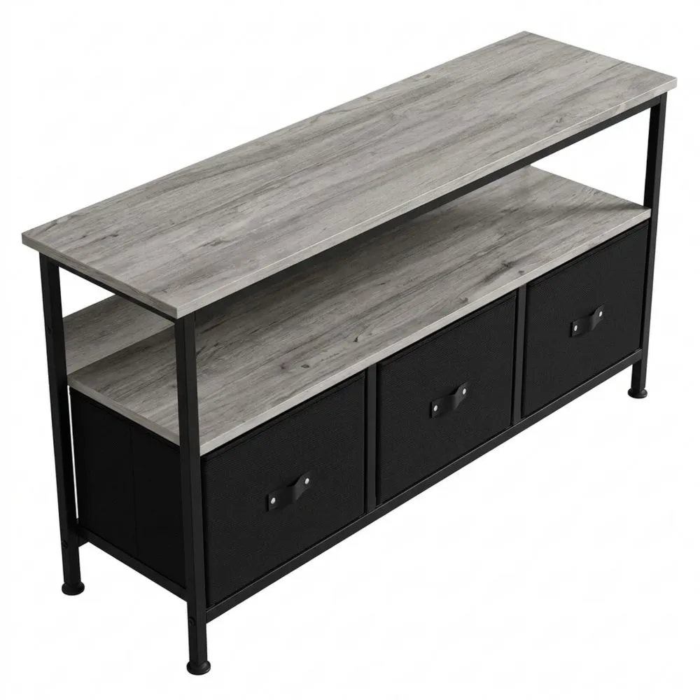 TV-Schrank mit Stoffschubladen und Stahlgestell, 3 Schubladen, 1 offenes Fach, passend für Fernseher bis 65 Zoll-Glowtran