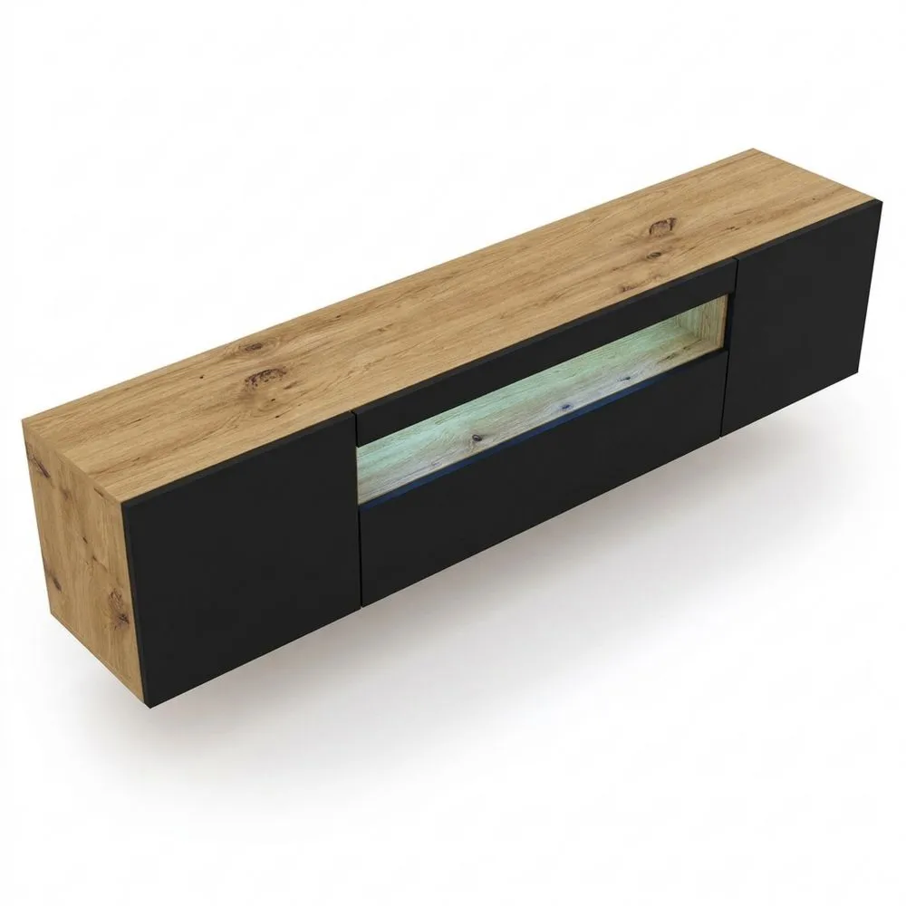 Modernes TV-Lowboard mit LED und Laminatfronten, hängend oder stehend, Eiche und Schwarz-Glowtran