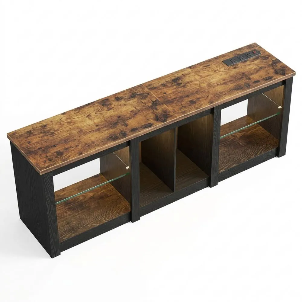 Lowboard mit LED-Beleuchtung und Steckdosen, Offener Stauraum, Abnehmbare Glasablage, Schwarz-Braun-Glowtran