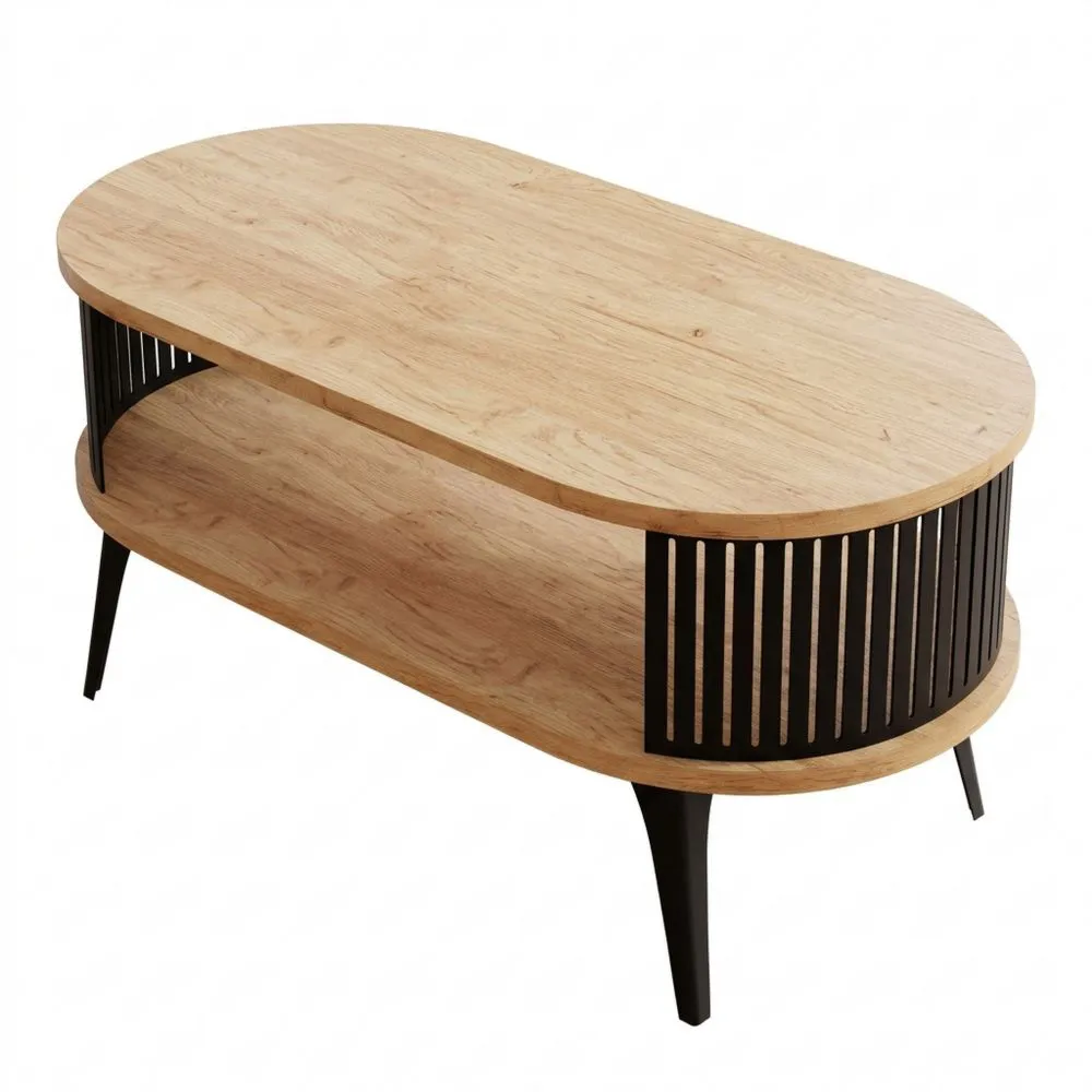 Ovalt Couchtisch mit Metallbeinen und Ablage, Wohnzimmertisch in Eiche Optik-Glowtran