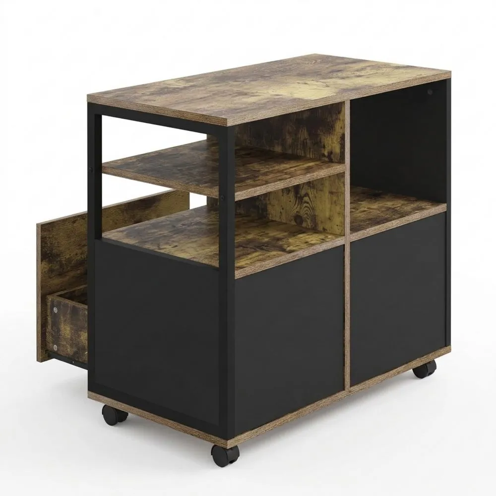 Mobiler Aktenschrank mit Schubladen und offenen Fächern, Vintage Braun, für Büro oder Zuhause-Glowtran