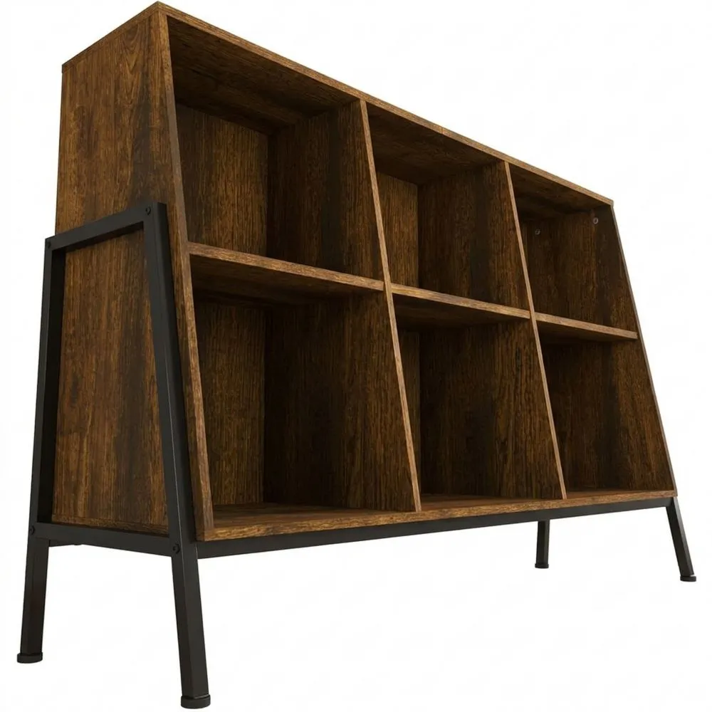 Holzregal mit Metallbeinen, 6 offene Fächer, 2 Ebenen, 117x36,5x78,5 cm, für Wohnzimmer und Büro-Glowtran