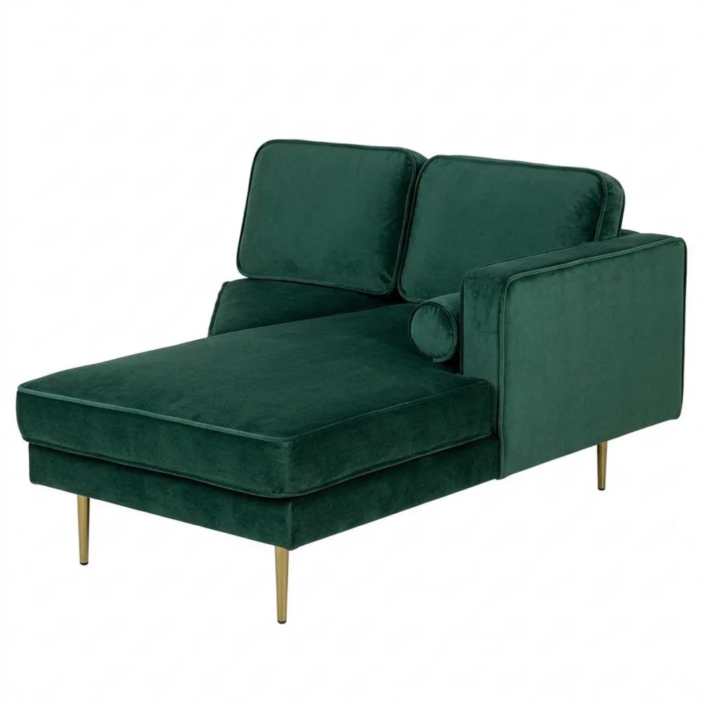 Moderne grüne Samtchaiselongue mit Nackenrolle und goldenem Gestell-Yogcozy