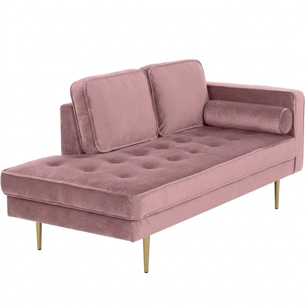 Moderne rosa Samt-Chaiselongue mit goldfarbenem Gestell und Nackenrolle-Yogcozy