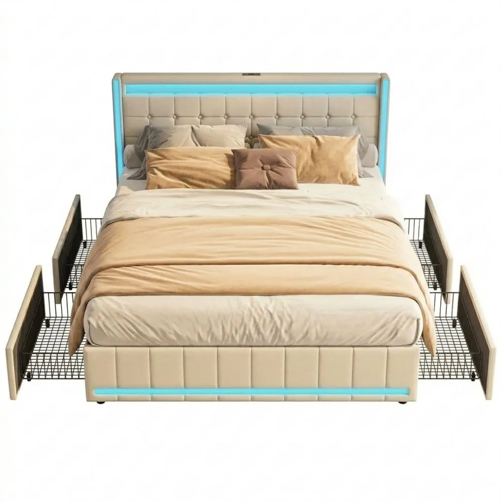 Polsterbett mit LED, Schubladen und USB-Anschluss, Leinenstoff, 140 x 200 cm, Beige-Yogcozy