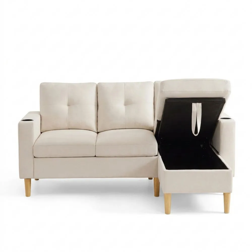 Modulares Ecksofa mit Stauraum und Getränkehalter, L-Form, Beige-Yogcozy