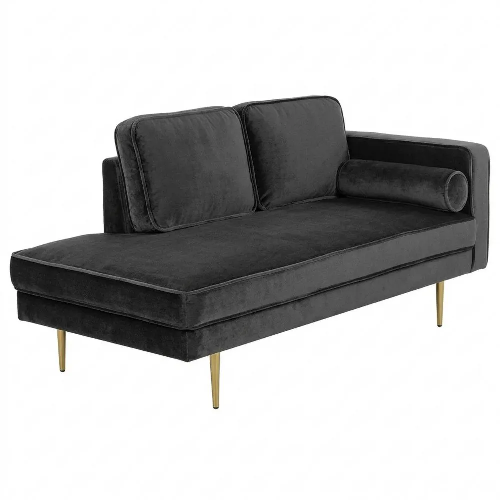 Elegantes Samt-Chaiselongue in Schwarz mit Nackenrolle und goldenem Gestell-Yogcozy