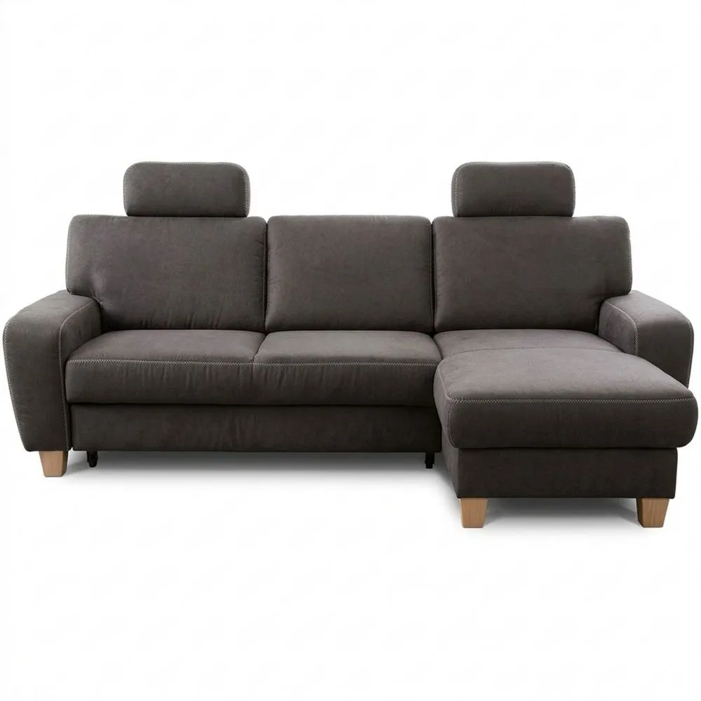 Ecksofa im Landhausstil mit Federkern und Kopfstützen, Mikrofaser in Lederoptik, dunkelgrau-Yogcozy