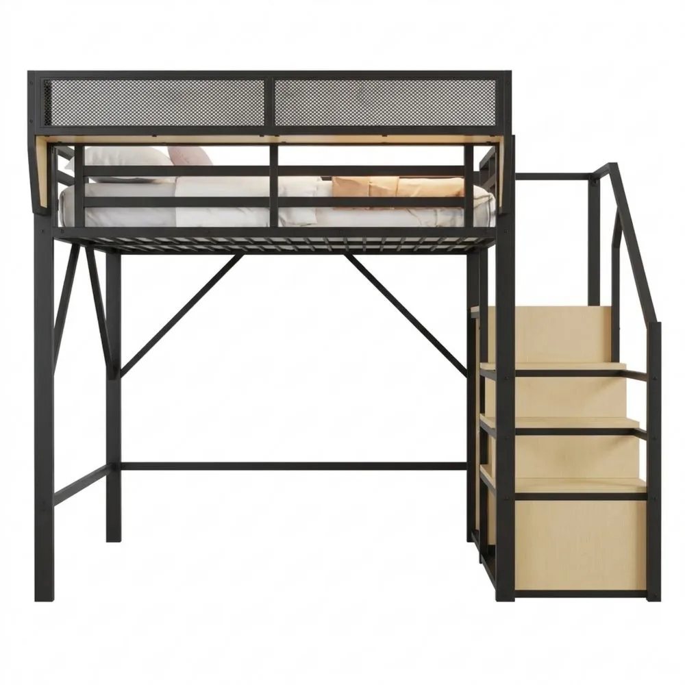 Metall-Hochbett 140x200 mit Leiter und Stauraum, Schwarz-Yogcozy