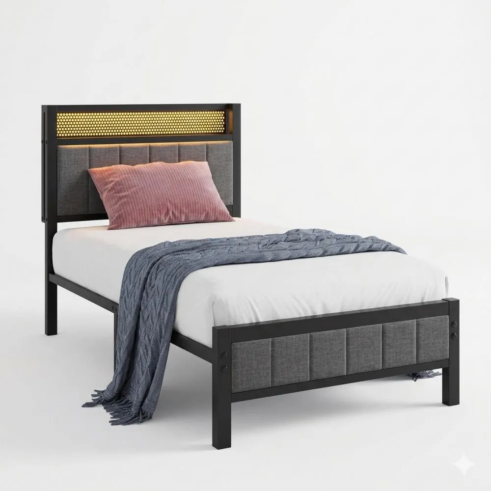 Einzelbett mit LED und Ladestation, Metallrahmen mit Lattenrost und Kopfteil, 90x200, für Schlafzimmer oder Gästezimmer-Yogcozy