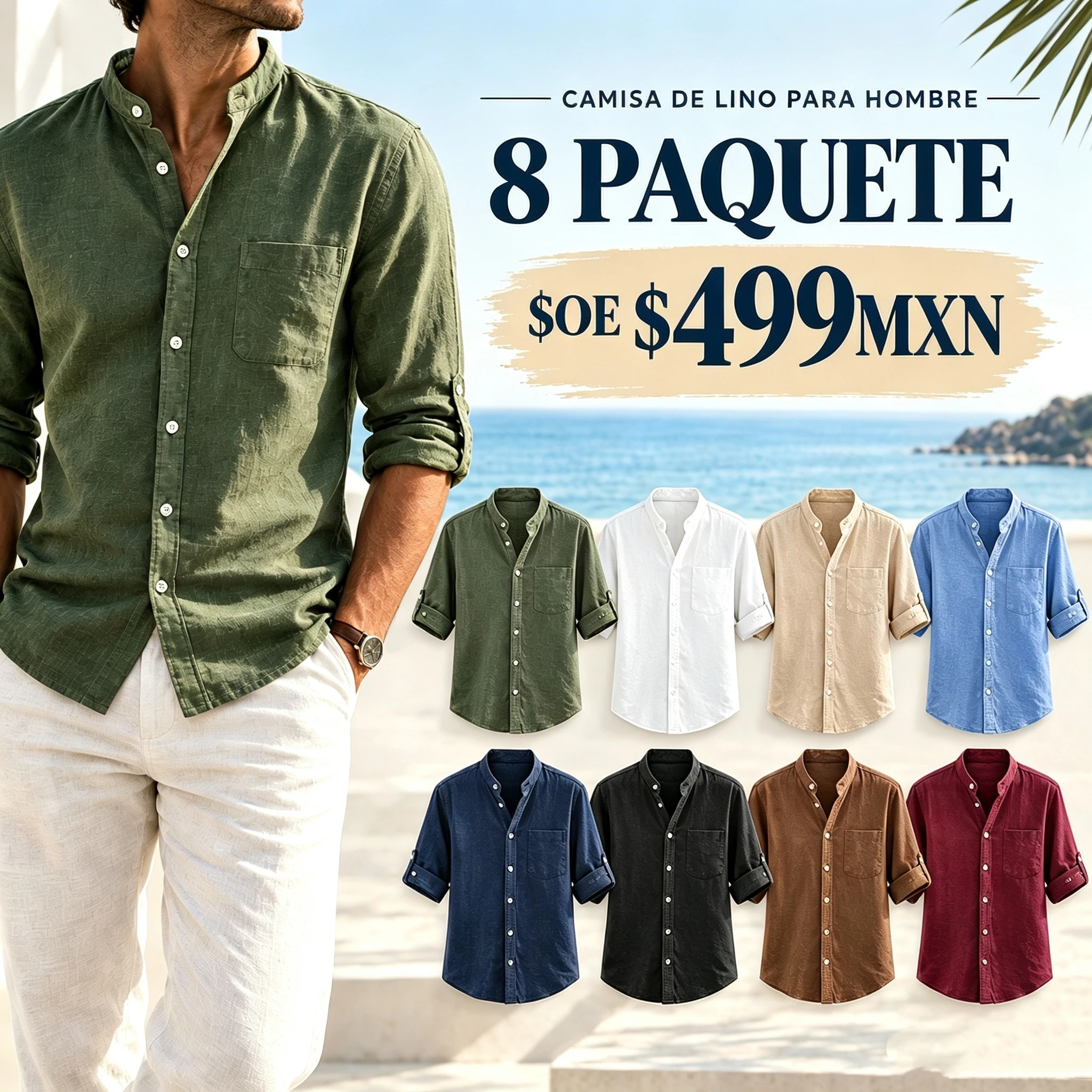 Camisa de hombre de lino, de manga larga y cuello alto