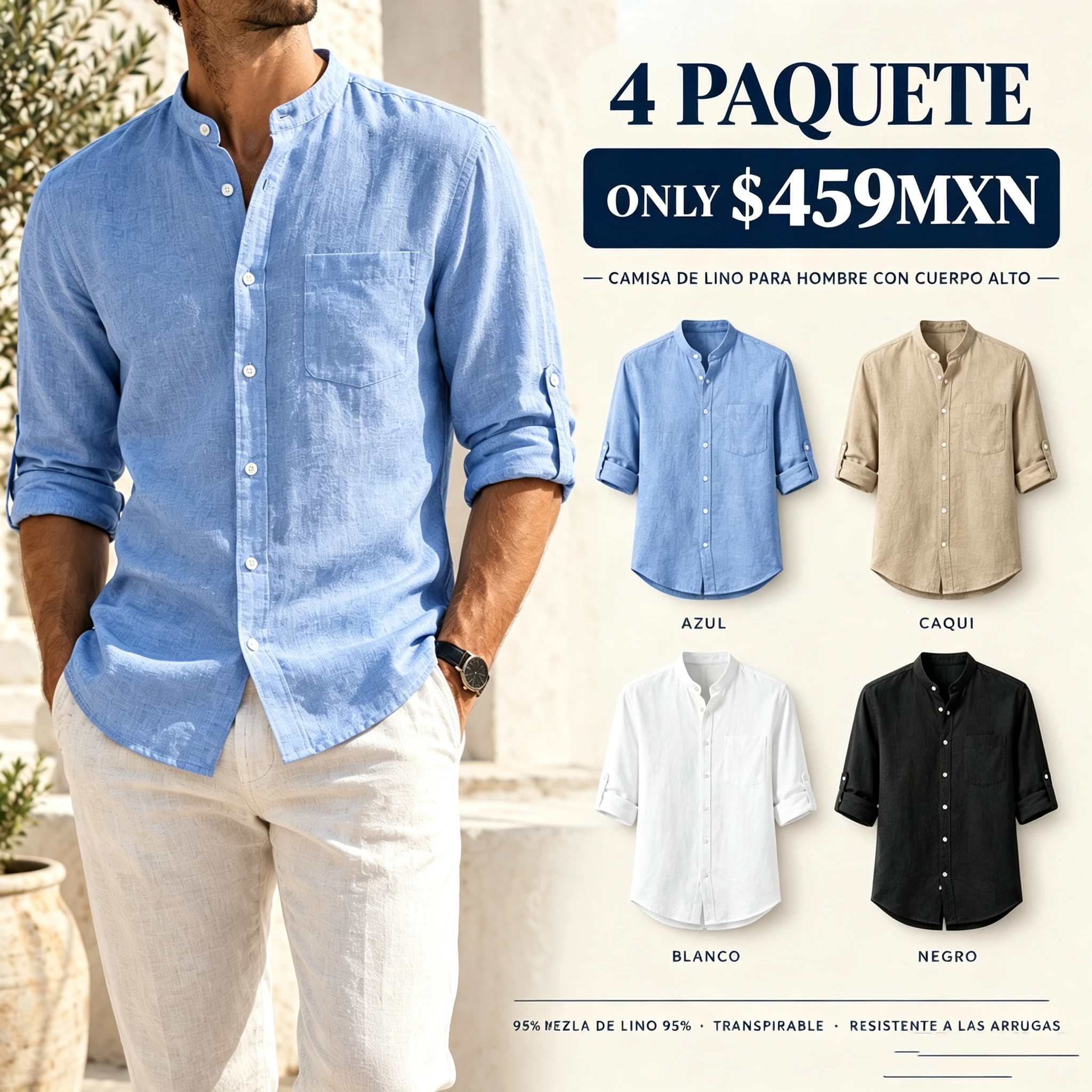 Camisa de hombre de lino, de manga larga y cuello alto