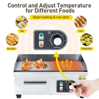 Parrillas eléctricas comerciales en tamaños de 14, 18, 22 y 30 pulgadas con potencia de 1500 W a 3000 W, superficie antiadherente de acero inoxidable y control de temperatura ajustable de 122 °F a 572 °F para uso doméstico y en restaurantes.