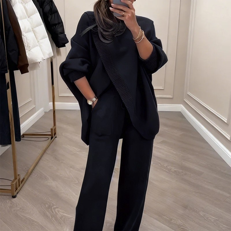 🎁 50% DTO 💝Conjunto de 2 piezas para mujer: jersey asimétrico + pantalones de pierna ancha