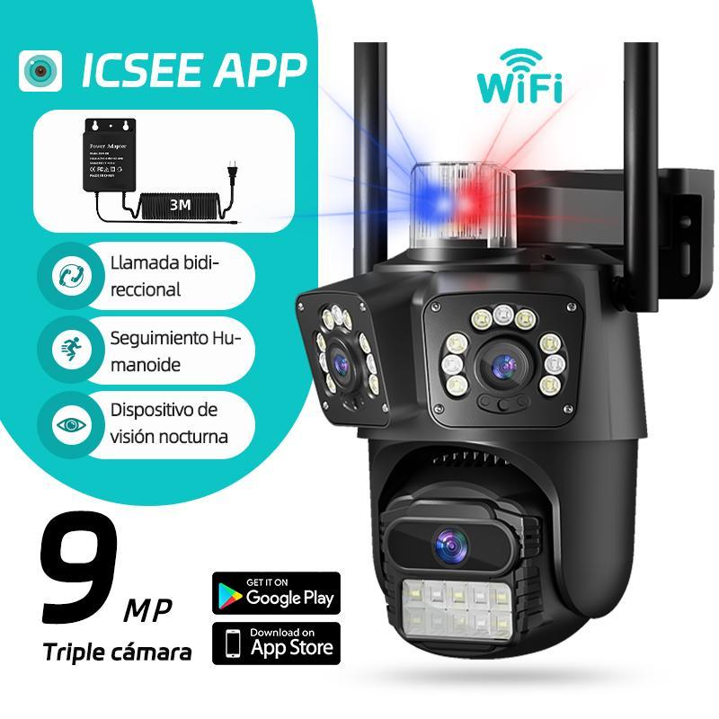 ICSEE Cámara de Seguridad AJ21 WiFi Triple Lente Ultra HD 9MP，Regalo de cable de extensión de 3 metros，360° Panorámica con Triple Lente PTZ，Detección de Movimiento + Visión Nocturna Color，Impermeable IP66，WiFi 2.4GHz ，Compatible con el protocolo ONVIF，Con