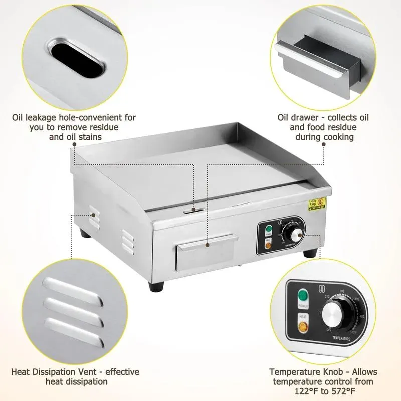 Parrillas eléctricas comerciales en tamaños de 14, 18, 22 y 30 pulgadas con potencia de 1500 W a 3000 W, superficie antiadherente de acero inoxidable y control de temperatura ajustable de 122 °F a 572 °F para uso doméstico y en restaurantes.