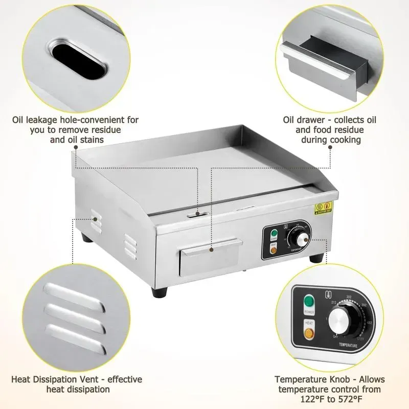 Parrillas eléctricas comerciales en tamaños de 14, 18, 22 y 30 pulgadas con potencia de 1500 W a 3000 W, superficie antiadherente de acero inoxidable y control de temperatura ajustable de 122 °F a 572 °F para uso doméstico y en restaurantes.