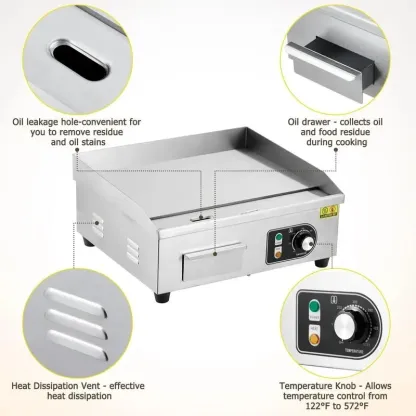 Parrillas eléctricas comerciales en tamaños de 14, 18, 22 y 30 pulgadas con potencia de 1500 W a 3000 W, superficie antiadherente de acero inoxidable y control de temperatura ajustable de 122 °F a 572 °F para uso doméstico y en restaurantes.