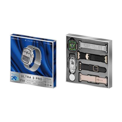 AI Ultra 3 Pro cuenta con 4 GB de ROM, admite enviar y recibir mensajes de WhatsApp, llamadas por Bluetooth, pantalla táctil completa de 49 mm, NFC, GPS, monitorización deportiva y de actividad física, ChatGPT .También incluye 4 correas.