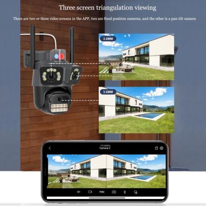 ICSEE Cámara de Seguridad AJ21 WiFi Triple Lente Ultra HD 9MP，Regalo de cable de extensión de 3 metros，360° Panorámica con Triple Lente PTZ，Detección de Movimiento + Visión Nocturna Color，Impermeable IP66，WiFi 2.4GHz ，Compatible con el protocolo ONVIF，Con