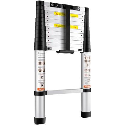 Escalera telescópica , de aluminio, extensible y plegable con retracción de un solo botón; capacidad de carga con patas antideslizantes. Escalera compacta, portátil y multiusos para el hogar, vehículos recreativos (RV) y lofts; listada según la norma