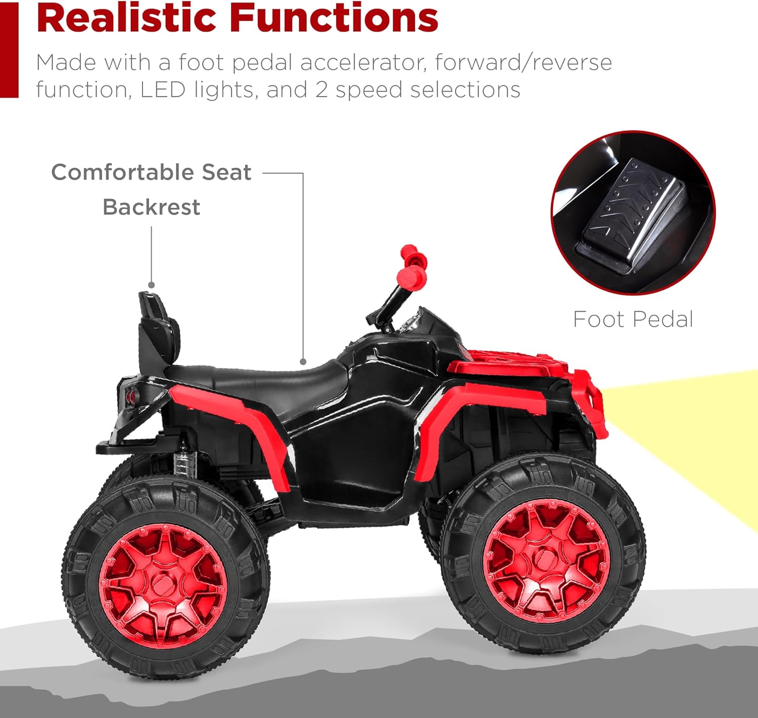 Best Choice Products 12V ATV eléctrico para niños de 4 ruedas con audio Bluetooth, velocidad máxima de 3.7 mph, neumáticos con banda de rodadura, faros LED, radio, color negro