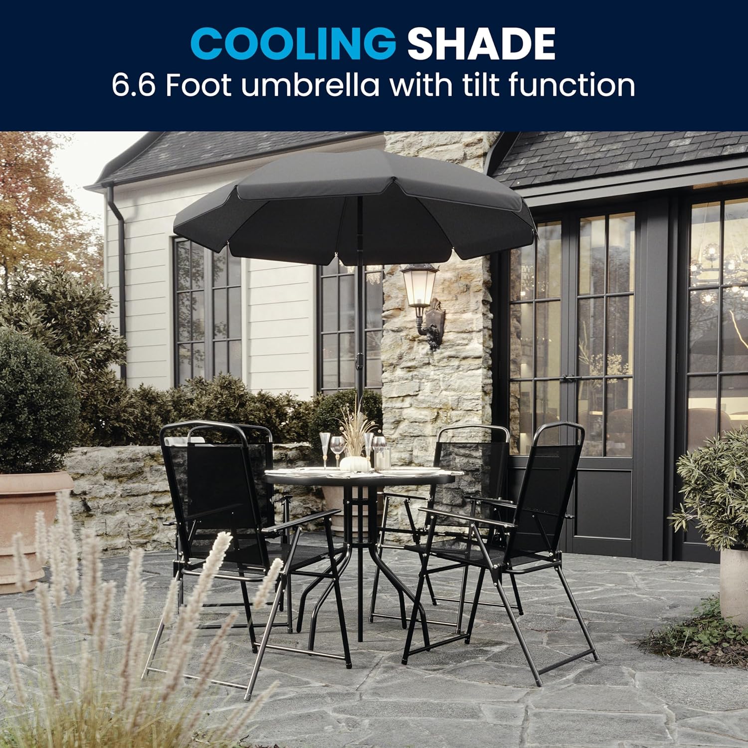 Flash Furniture Set de Muebles de Jardín Exterior Modelo Nantucket – Muebles de Jardín y Terraza – Set de 6 Unidades – Incluye Mesa de Jardín, Sombrilla y 4 Sillas Plegables – Color Negro