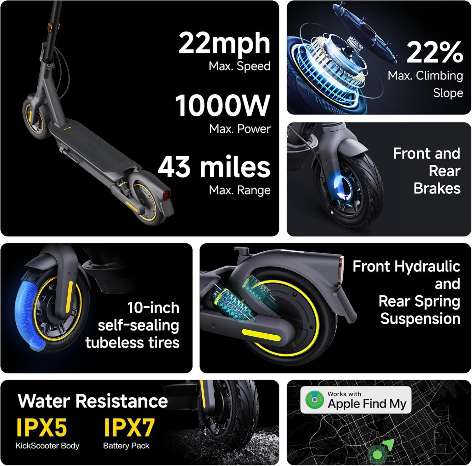 Segway Ninebot MAX G2 Scooter Eléctrico Plegable, Motor 1000W Potencia Máx, Autonomía 70 Km, 3 Modos de Conducción, Velocidad Máx de 35Km/h, Certificación IPX5, Compatible con App Segway - Gris