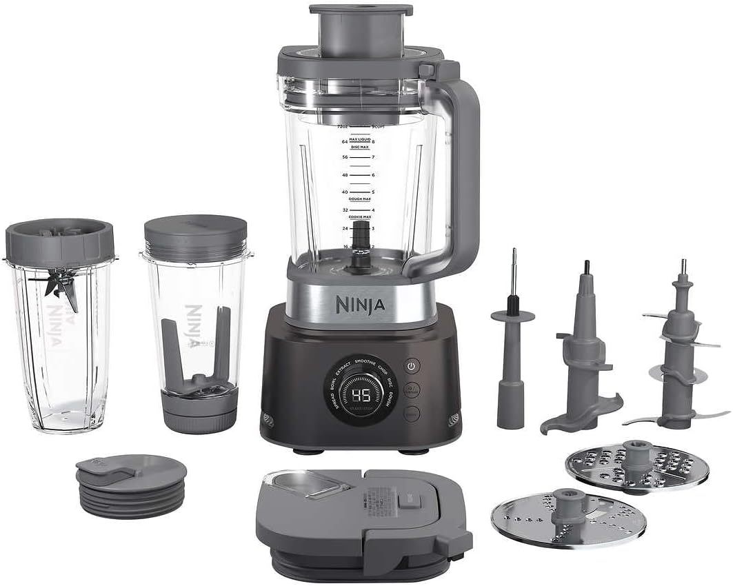 Licuadora de Uso Profesional, 7 Funciones en 1, Procesador de Alimentos y Extractor de Nutrientes, 3 Cuchillas, 2 Tapas, 2 Termos y 2 Extractores de Nutrientes (Reacondicionado)