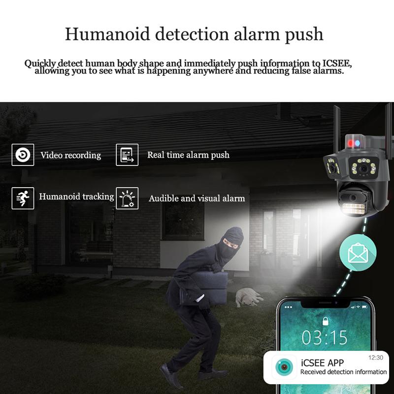 ICSEE Cámara de Seguridad AJ21 WiFi Triple Lente Ultra HD 9MP，Regalo de cable de extensión de 3 metros，360° Panorámica con Triple Lente PTZ，Detección de Movimiento + Visión Nocturna Color，Impermeable IP66，WiFi 2.4GHz ，Compatible con el protocolo ONVIF，Con