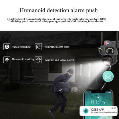 ICSEE Cámara de Seguridad AJ21 WiFi Triple Lente Ultra HD 9MP，Regalo de cable de extensión de 3 metros，360° Panorámica con Triple Lente PTZ，Detección de Movimiento + Visión Nocturna Color，Impermeable IP66，WiFi 2.4GHz ，Compatible con el protocolo ONVIF，Con