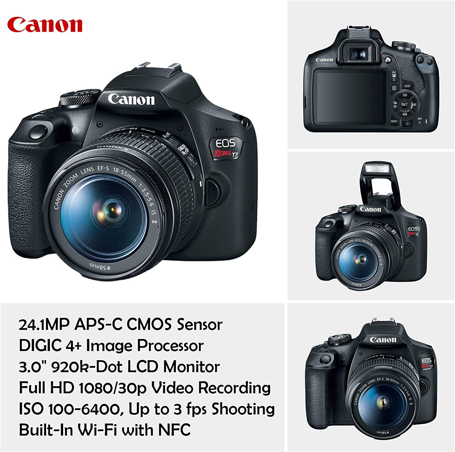 Canon EOS Rebel T7 DSLR Cámara con lente II de 18-55 mm + lente Canon EF 75-300 mm III y lente de zoom de 420-800 mm + memoria de 32 GB + filtros + trípode araña + paquete profesional