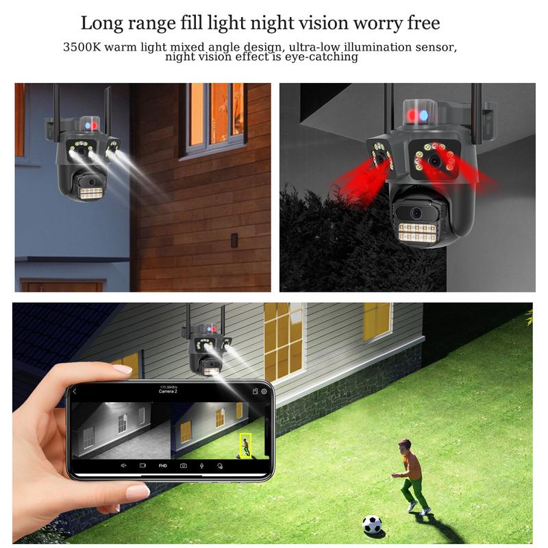 ICSEE Cámara de Seguridad AJ21 WiFi Triple Lente Ultra HD 9MP，Regalo de cable de extensión de 3 metros，360° Panorámica con Triple Lente PTZ，Detección de Movimiento + Visión Nocturna Color，Impermeable IP66，WiFi 2.4GHz ，Compatible con el protocolo ONVIF，Con