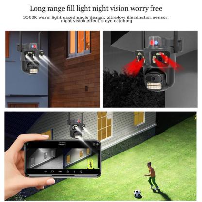 ICSEE Cámara de Seguridad AJ21 WiFi Triple Lente Ultra HD 9MP，Regalo de cable de extensión de 3 metros，360° Panorámica con Triple Lente PTZ，Detección de Movimiento + Visión Nocturna Color，Impermeable IP66，WiFi 2.4GHz ，Compatible con el protocolo ONVIF，Con