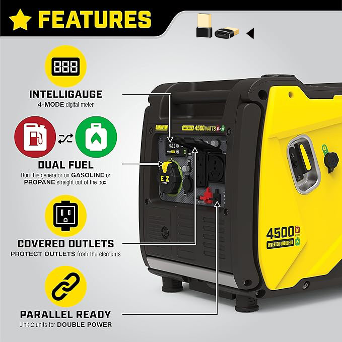 Champion Power Equipment 200988 - Generador inversor portátil de Combustible Dual (4500 W, con Arranque eléctrico)-USB a interfaz