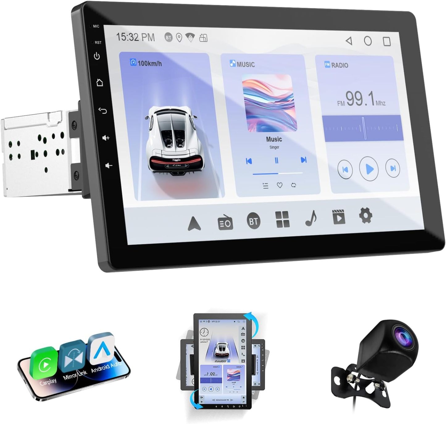 Autorradio Haudio con pantalla giratoria de 360°, estéreo Bluetooth 1 DIN con CarPlay y Android Auto inalámbricos, pantalla táctil IPS de 10,1 pulgadas con GPS, Mirror Link, control por voz, radio RDS/FM/AM y cámara trasera 1080P.