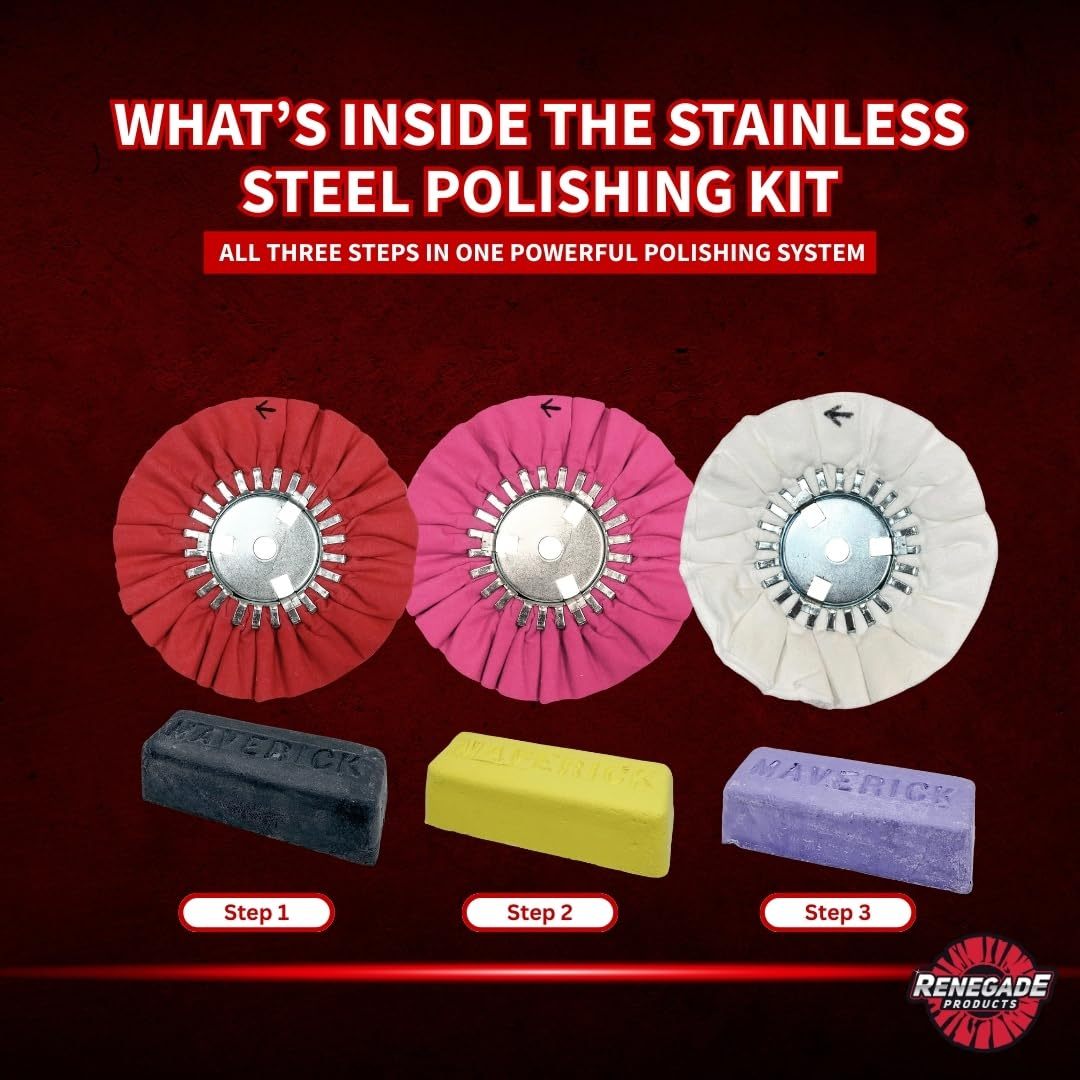 Kit de pulido de acero inoxidable en 3 pasos de Renegade Products: discos de pulido Airway, barras de compuesto y bridas de seguridad – Sistema «Mirror Shine» para la restauración del acero