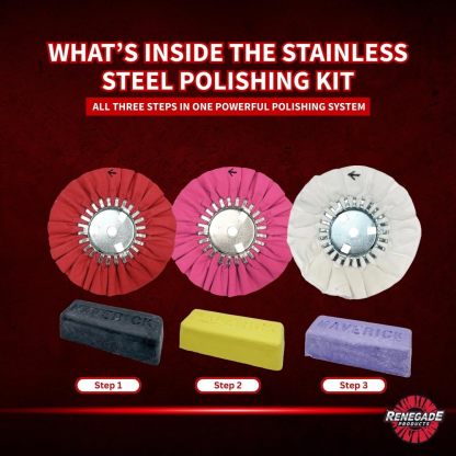 Kit de pulido de acero inoxidable en 3 pasos de Renegade Products: discos de pulido Airway, barras de compuesto y bridas de seguridad – Sistema «Mirror Shine» para la restauración del acero