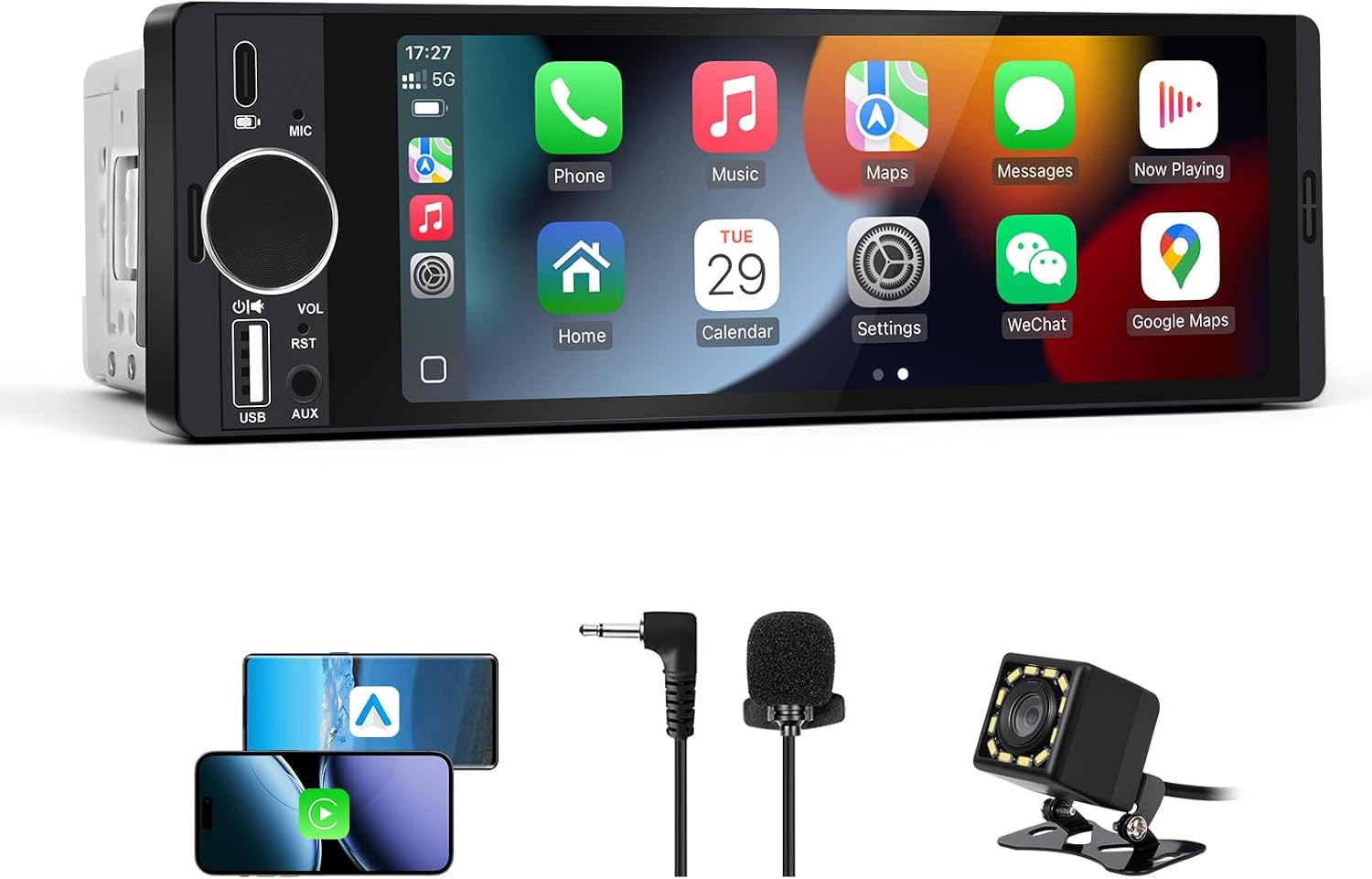 Estéreo para auto de formato Single Din con Apple CarPlay y Android Auto inalámbricos, radio Single Din con pantalla táctil HD de 6.28 pulgadas, Bluetooth, cámara trasera de 1080p, USB, SWC, ecualizador de 10 bandas, RCA, micrófono externo y radio FM para
