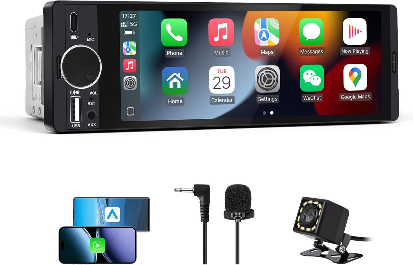 Estéreo para auto de formato Single Din con Apple CarPlay y Android Auto inalámbricos, radio Single Din con pantalla táctil HD de 6.28 pulgadas, Bluetooth, cámara trasera de 1080p, USB, SWC, ecualizador de 10 bandas, RCA, micrófono externo y radio FM para