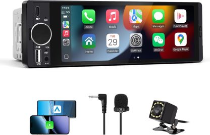 Estéreo para auto de formato Single Din con Apple CarPlay y Android Auto inalámbricos, radio Single Din con pantalla táctil HD de 6.28 pulgadas, Bluetooth, cámara trasera de 1080p, USB, SWC, ecualizador de 10 bandas, RCA, micrófono externo y radio FM para