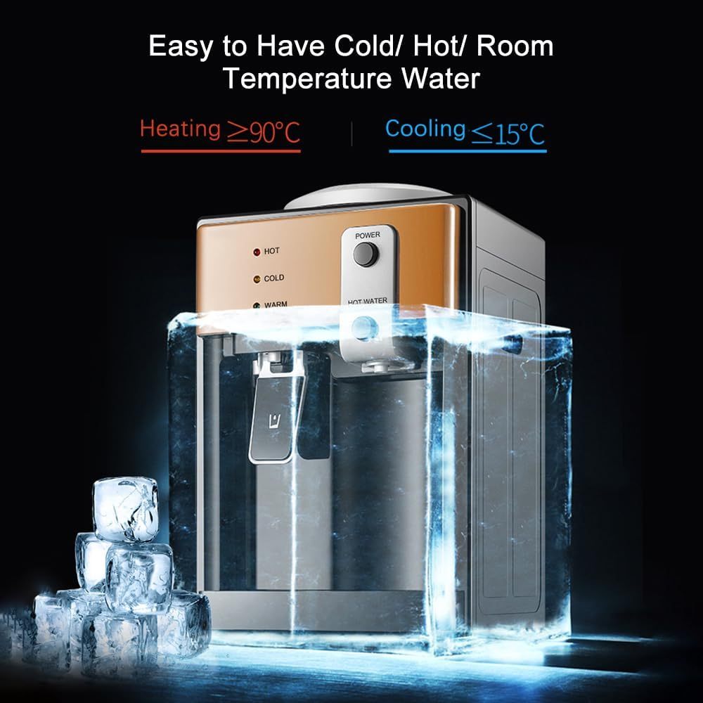 JOYID Dispensador de Agua de Carga Superior con Agua Caliente/fría/Temperatura Ambiente, Estilo Minimalista de Acero Inoxidable Brillante