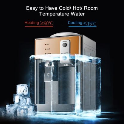 JOYID Dispensador de Agua de Carga Superior con Agua Caliente/fría/Temperatura Ambiente, Estilo Minimalista de Acero Inoxidable Brillante