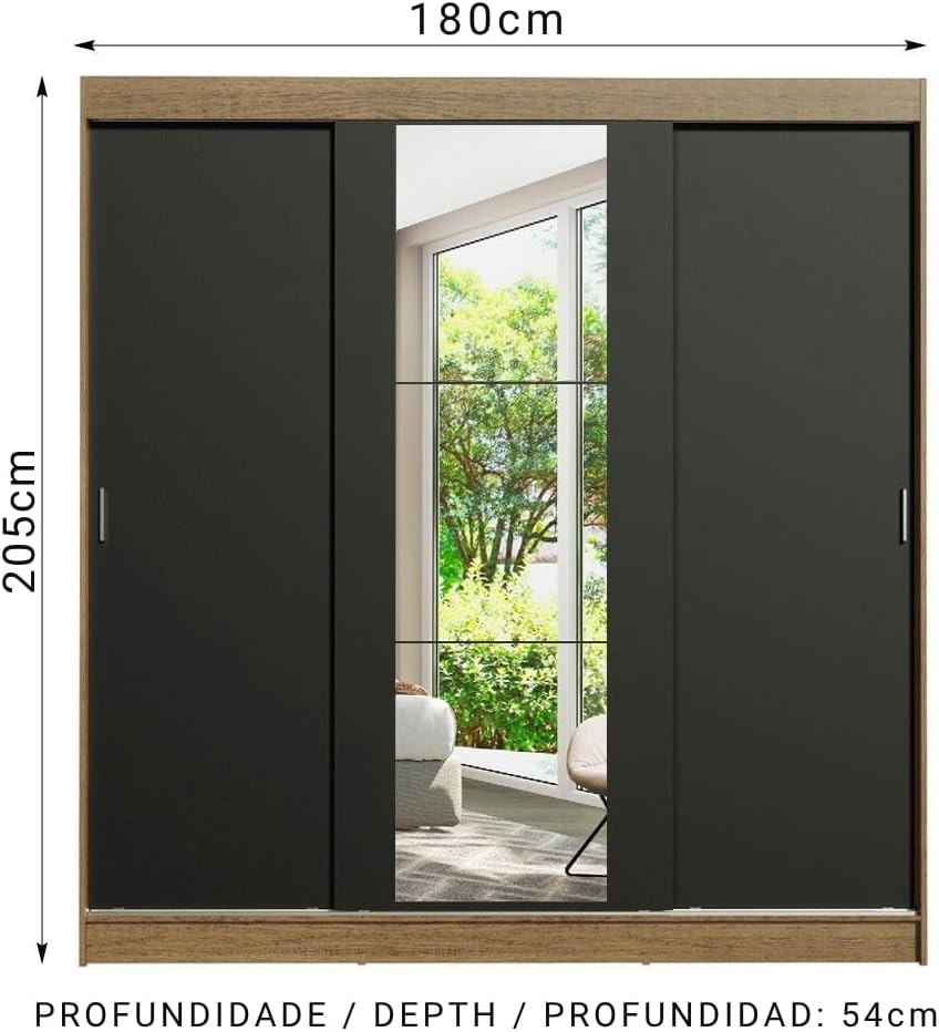 Madesa Ropero Closet con 3 Puertas y 1 Espejo Reno - Marrón/Negro