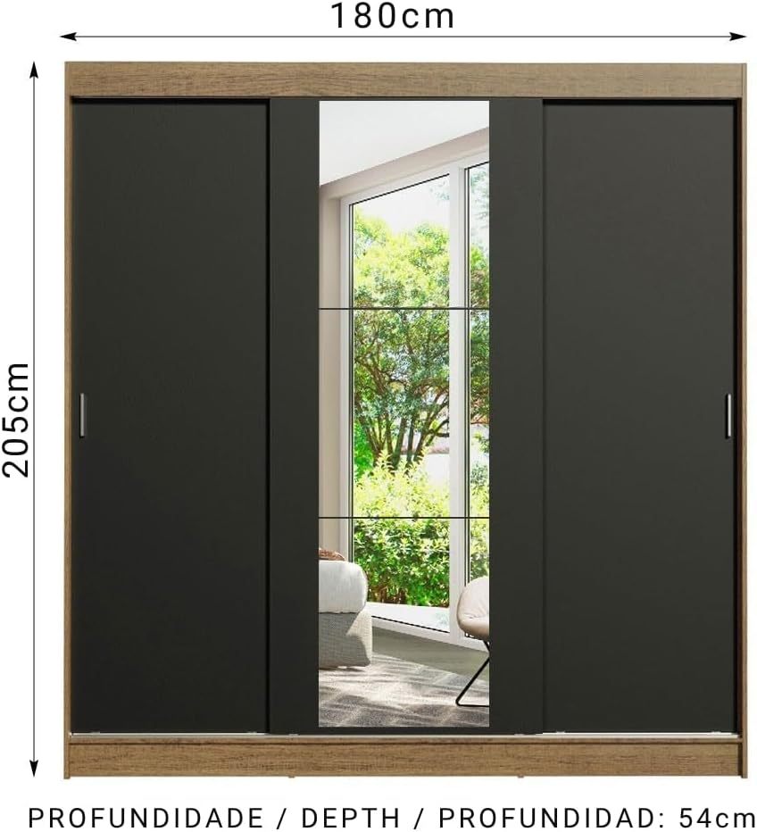 Madesa Ropero Closet con 3 Puertas y 1 Espejo Reno - Marrón/Negro