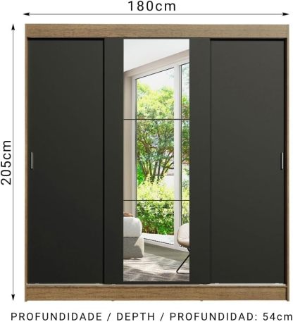Madesa Ropero Closet con 3 Puertas y 1 Espejo Reno - Marrón/Negro