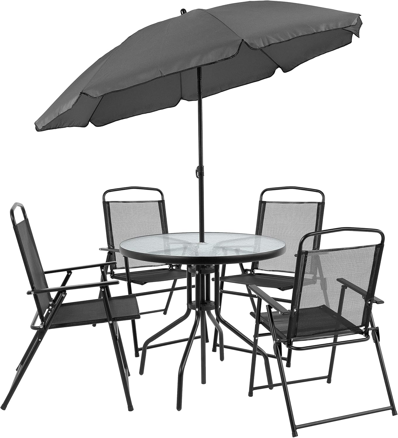 Flash Furniture Set de Muebles de Jardín Exterior Modelo Nantucket – Muebles de Jardín y Terraza – Set de 6 Unidades – Incluye Mesa de Jardín, Sombrilla y 4 Sillas Plegables – Color Negro