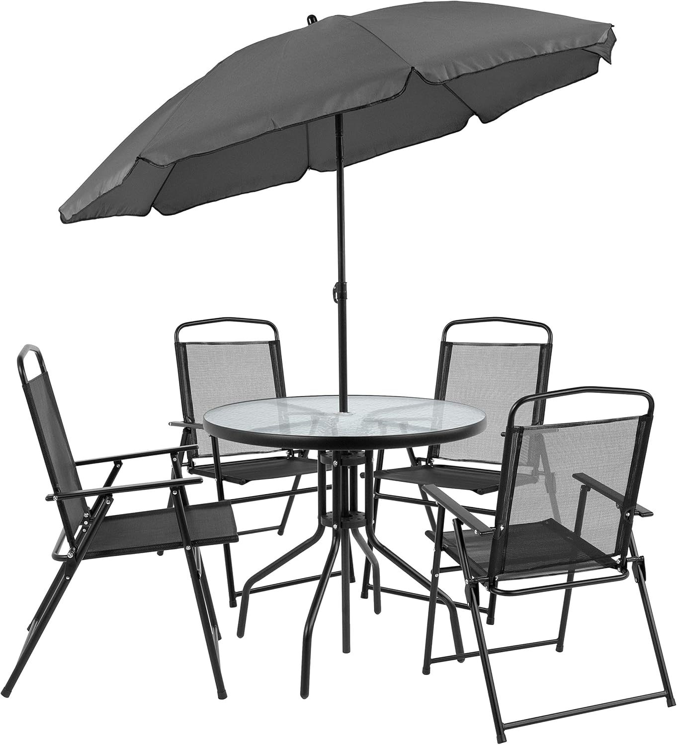 Flash Furniture Set de Muebles de Jardín Exterior Modelo Nantucket – Muebles de Jardín y Terraza – Set de 6 Unidades – Incluye Mesa de Jardín, Sombrilla y 4 Sillas Plegables – Color Negro