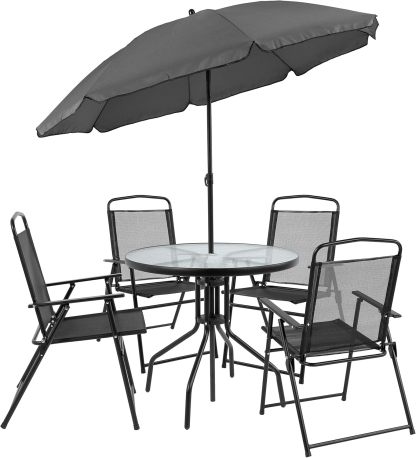 Flash Furniture Set de Muebles de Jardín Exterior Modelo Nantucket – Muebles de Jardín y Terraza – Set de 6 Unidades – Incluye Mesa de Jardín, Sombrilla y 4 Sillas Plegables – Color Negro